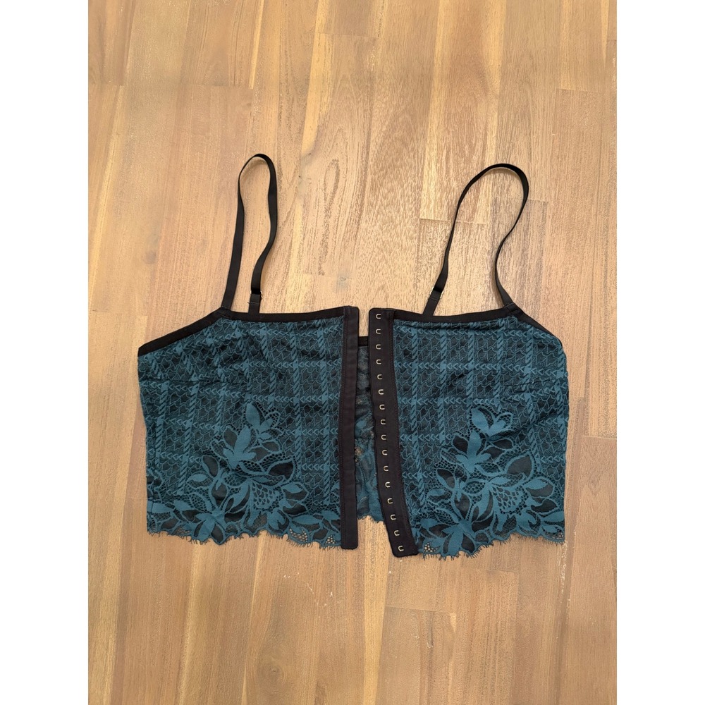 Aerie Real Good Teal Green Floral Lace Hook Eye Front Corset Bralette Top Large
